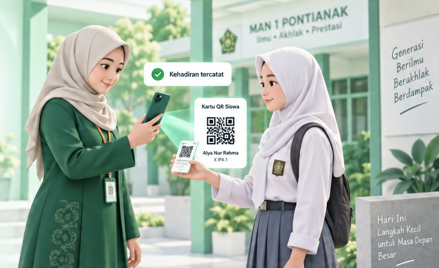 Guru memindai kartu QR siswa di depan MAN 1 Pontianak